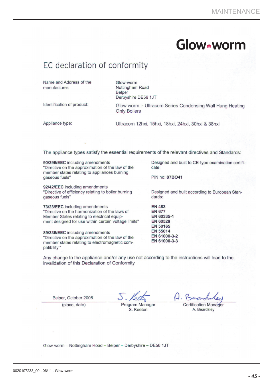 Maintenance | Glow-worm Ultracom hxi User Manual | Page 45 / 48