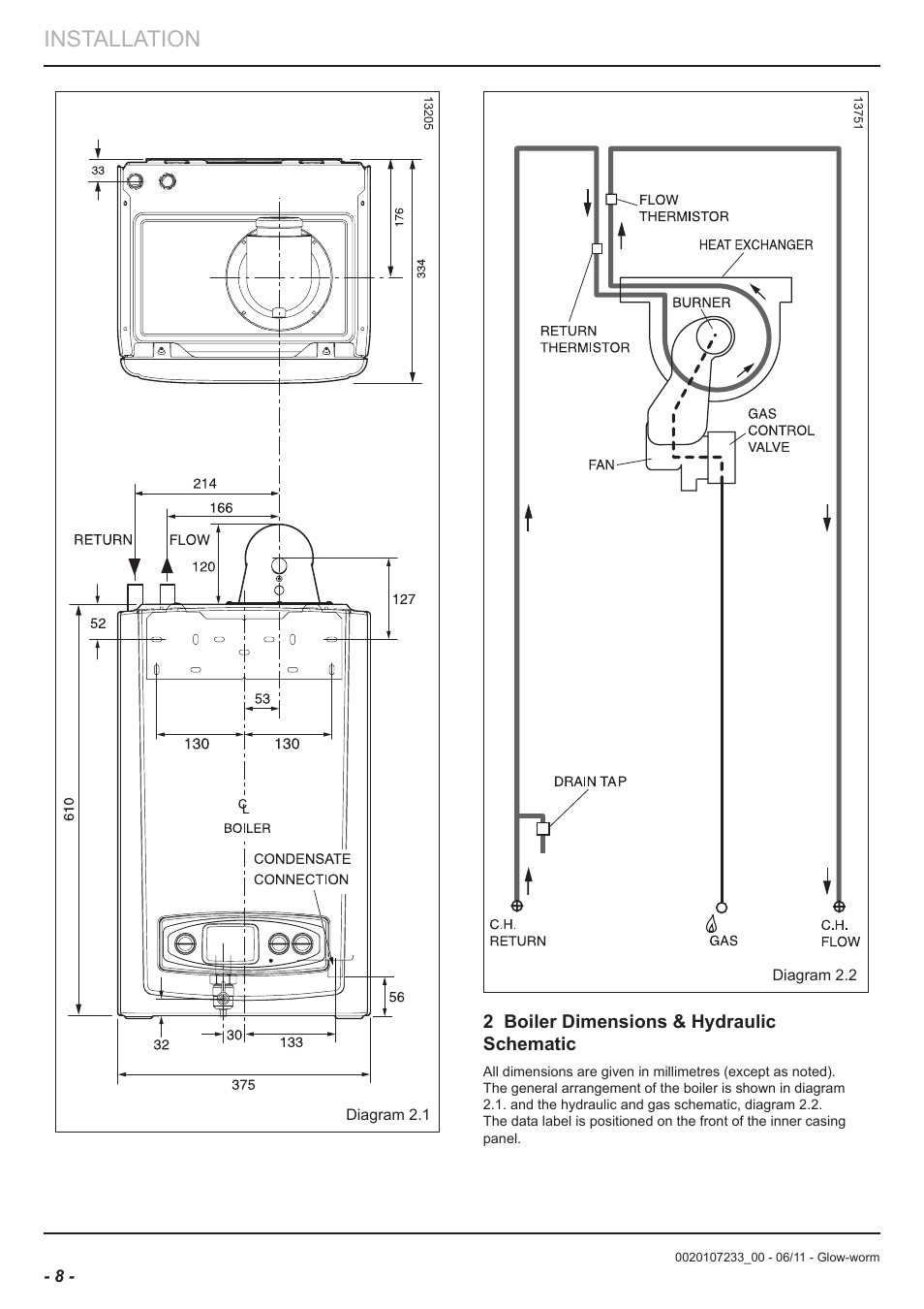 Installation, 2 boiler dimensions & hydraulic schematic | Glow-worm Ultracom hxi User Manual | Page 8 / 48