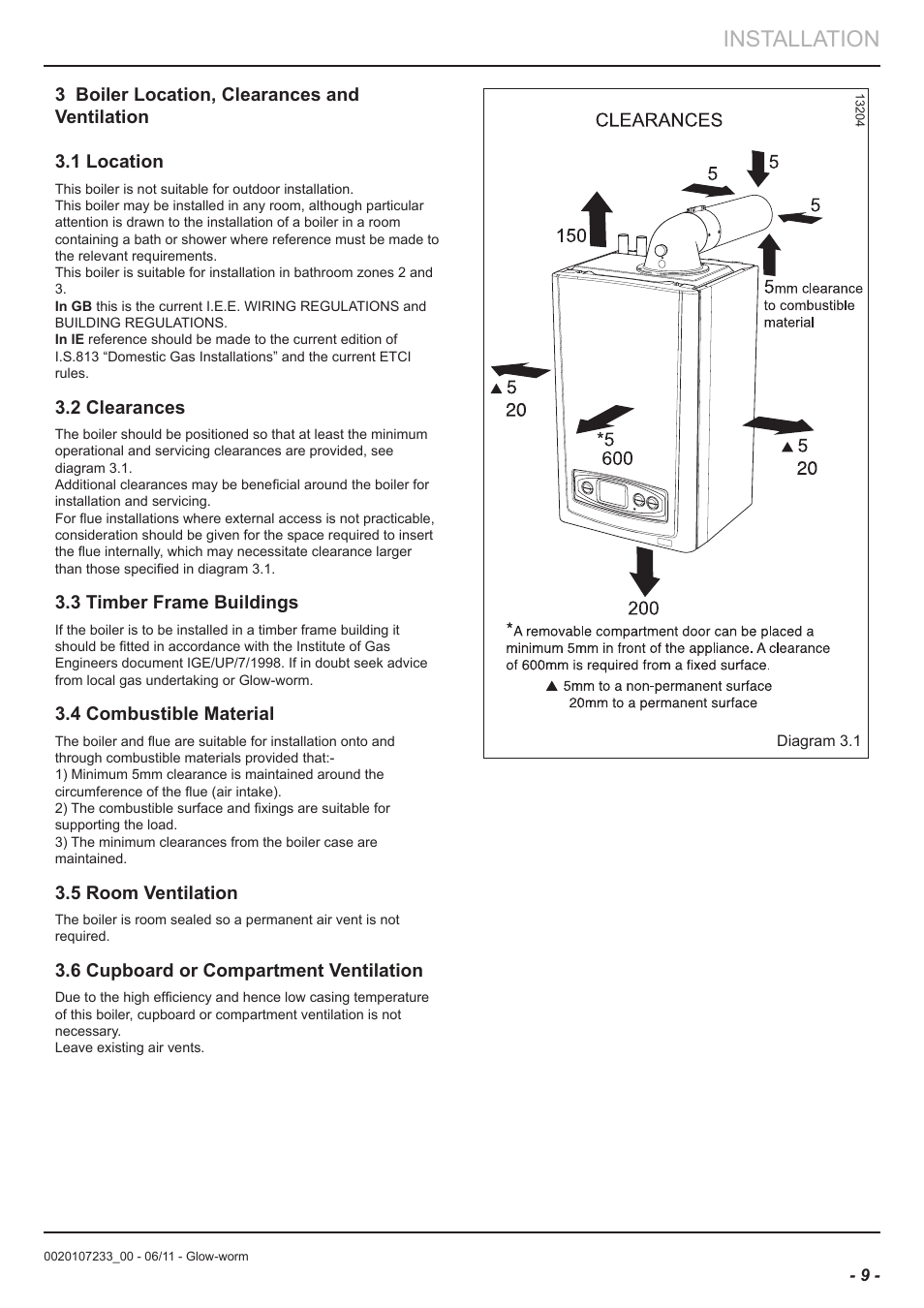 Installation, 2 clearances, 3 timber frame buildings | 4 combustible material, 5 room ventilation, 6 cupboard or compartment ventilation | Glow-worm Ultracom hxi User Manual | Page 9 / 48