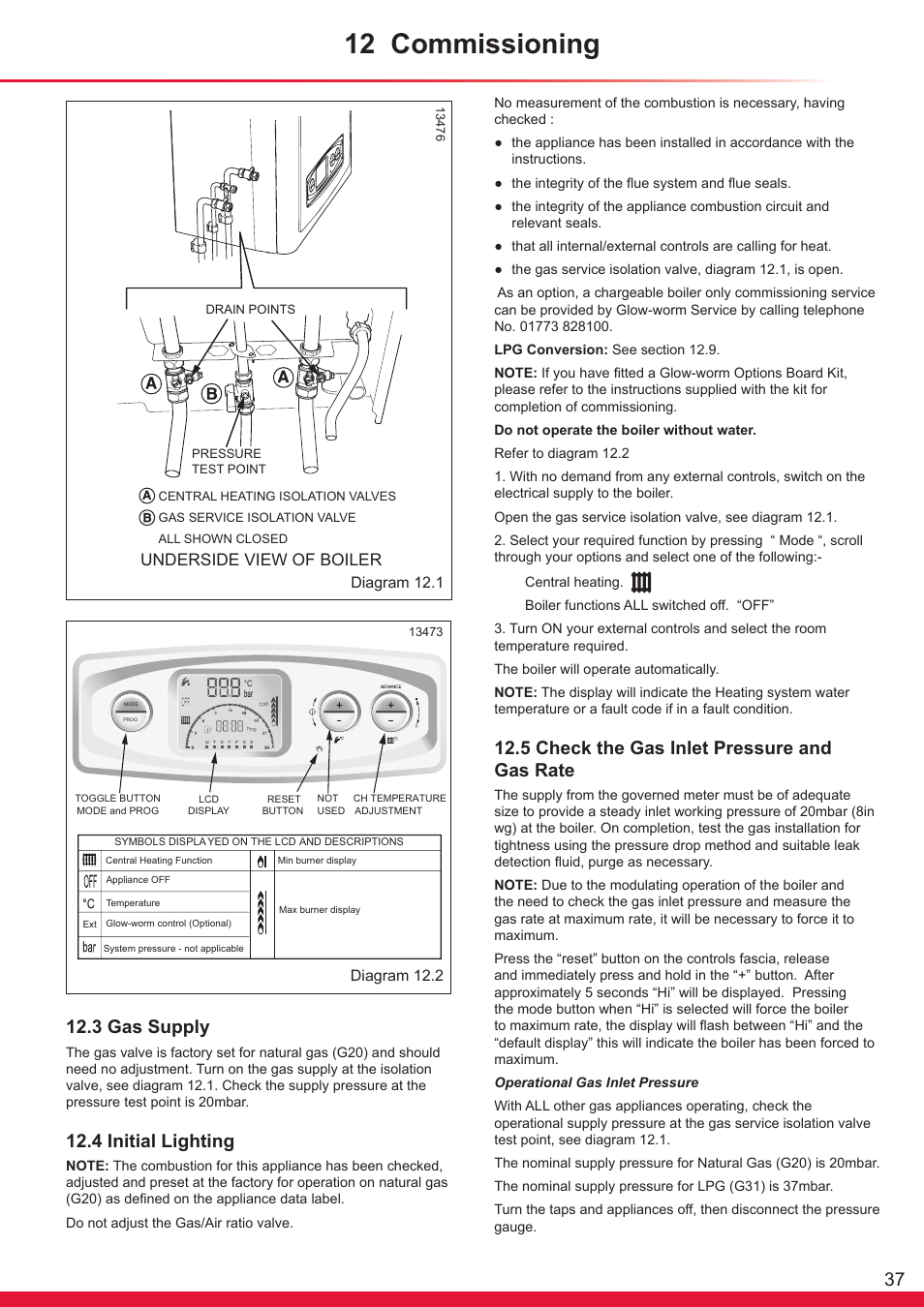 12 commissioning, 3 gas supply, 4 initial lighting | 5 check the gas inlet pressure and gas rate, Underside view of boiler | Glow-worm Ultracom sxi User Manual | Page 37 / 64