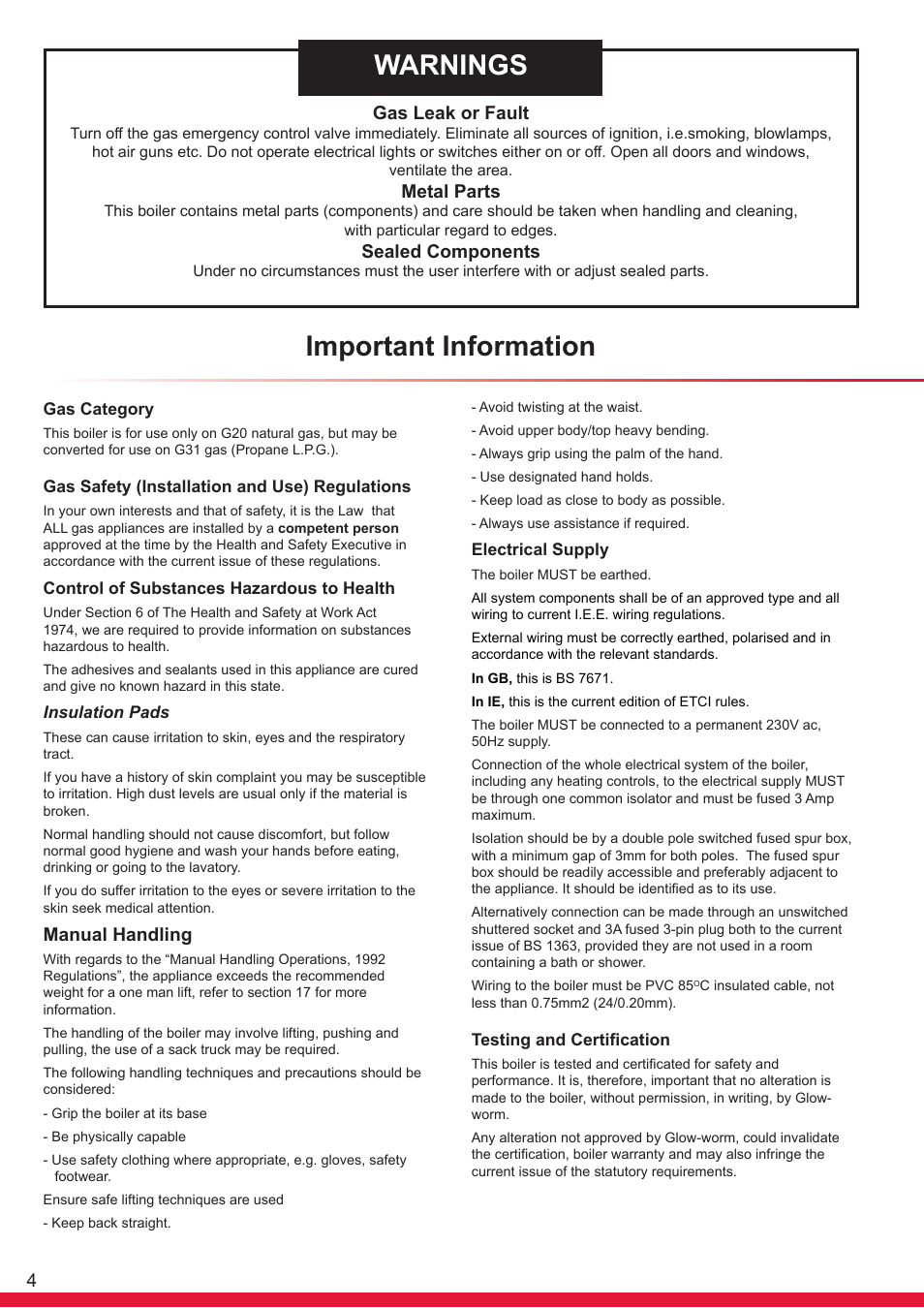 Warnings, Important information, Gas leak or fault | Metal parts, Sealed components, Manual handling | Glow-worm Ultracom sxi User Manual | Page 4 / 64