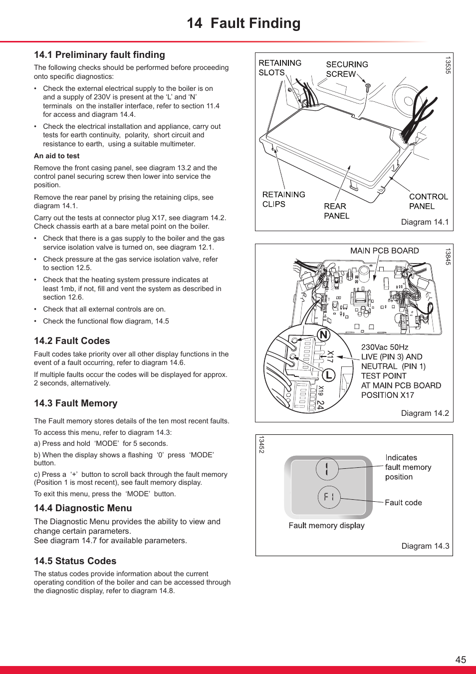 14 fault finding, 1 preliminary fault finding, 2 fault codes | 4 diagnostic menu, 5 status codes | Glow-worm Ultracom sxi User Manual | Page 45 / 64