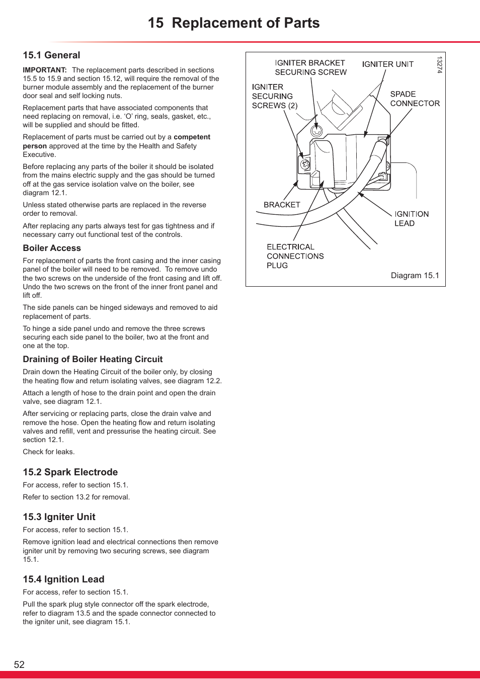 15 replacement of parts, 1 general, 2 spark electrode | 3 igniter unit, 4 ignition lead | Glow-worm Ultracom sxi User Manual | Page 52 / 64