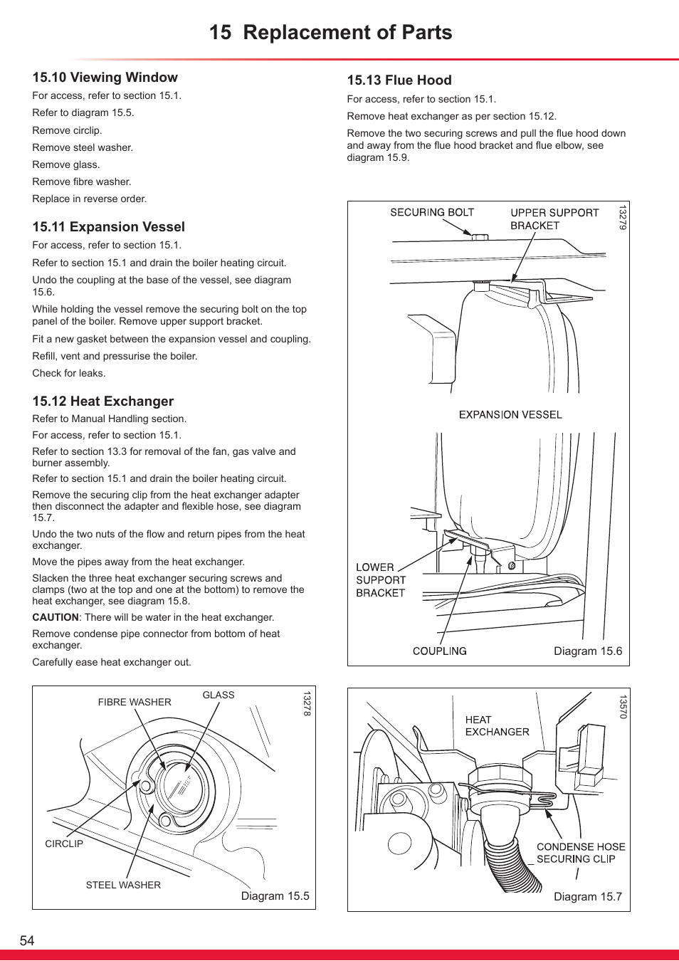 15 replacement of parts, 10 viewing window, 11 expansion vessel | 12 heat exchanger, 13 flue hood | Glow-worm Ultracom sxi User Manual | Page 54 / 64