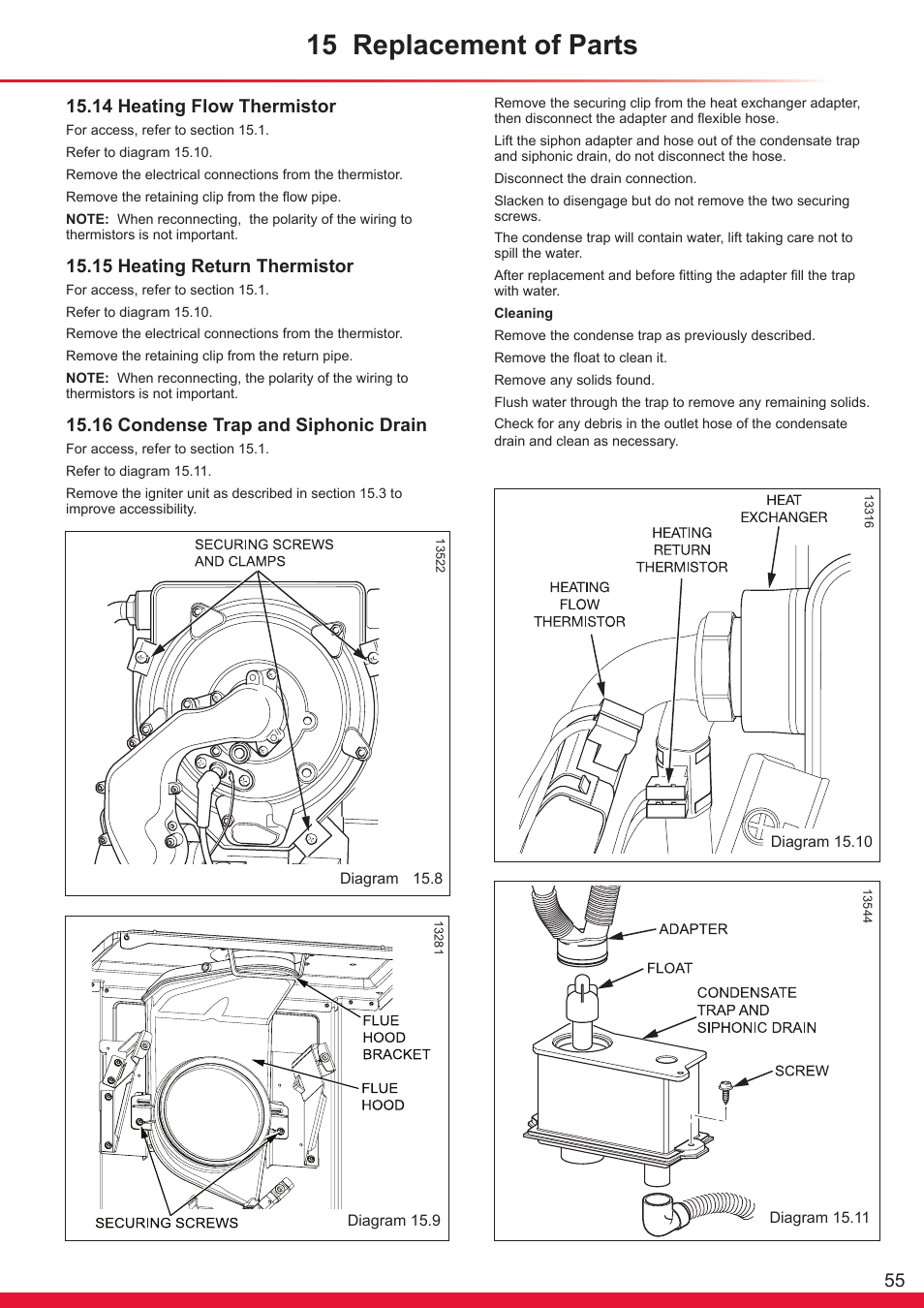 15 replacement of parts, 14 heating flow thermistor, 15 heating return thermistor | 16 condense trap and siphonic drain | Glow-worm Ultracom sxi User Manual | Page 55 / 64