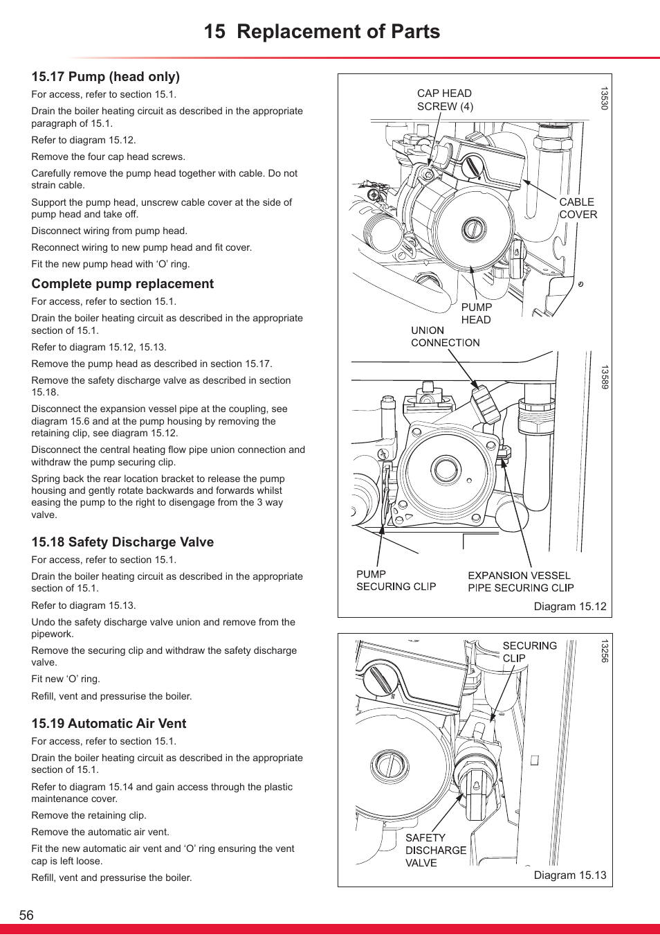 15 replacement of parts, Complete pump replacement, 18 safety discharge valve | 19 automatic air vent | Glow-worm Ultracom sxi User Manual | Page 56 / 64