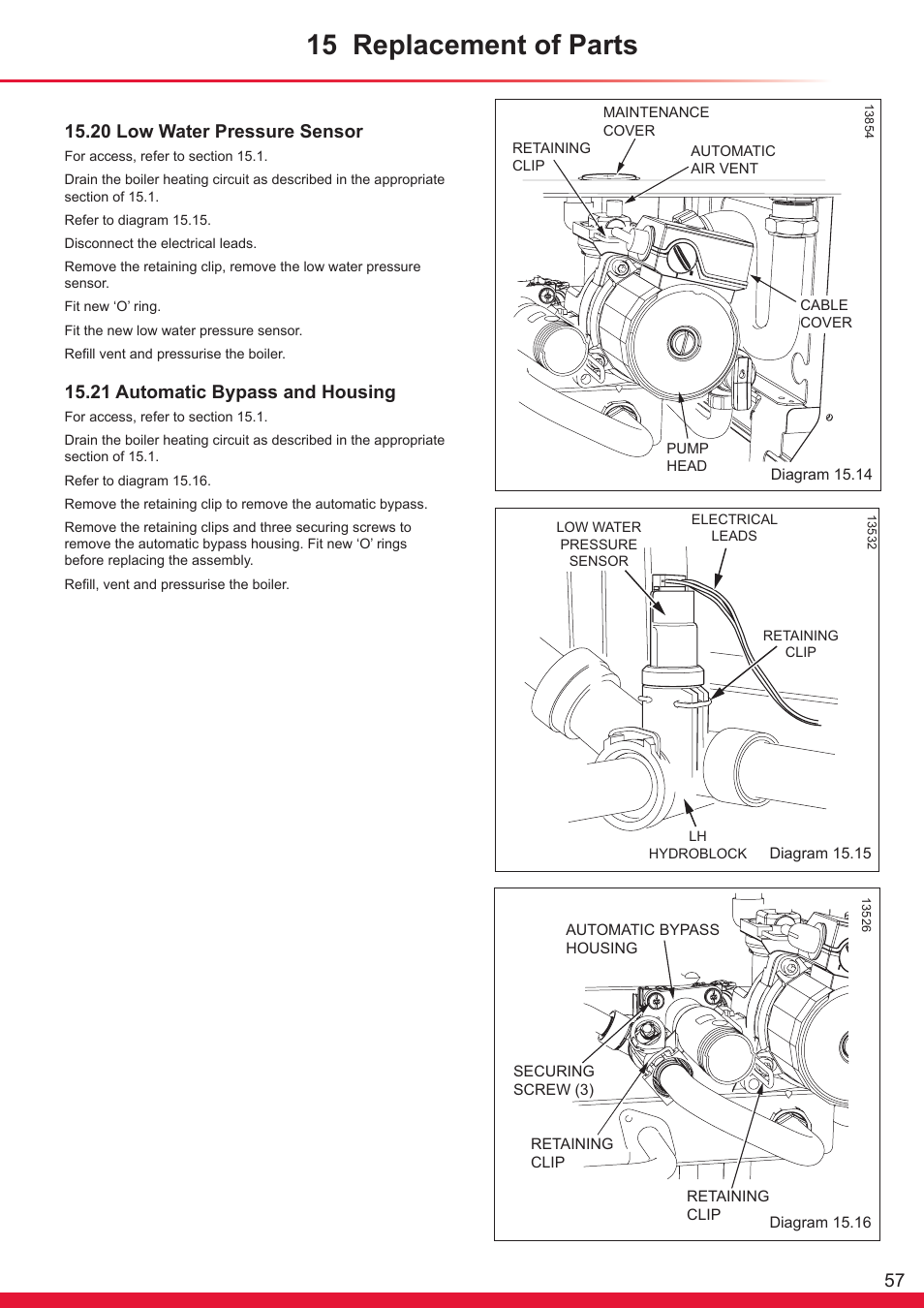 15 replacement of parts, 20 low water pressure sensor, 21 automatic bypass and housing | Glow-worm Ultracom sxi User Manual | Page 57 / 64