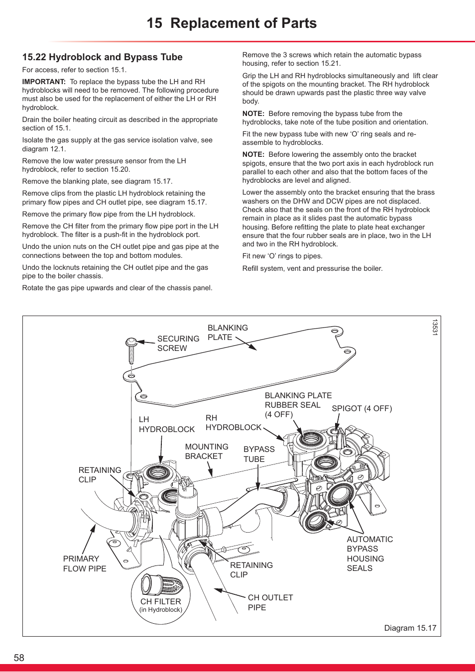 15 replacement of parts, 22 hydroblock and bypass tube | Glow-worm Ultracom sxi User Manual | Page 58 / 64