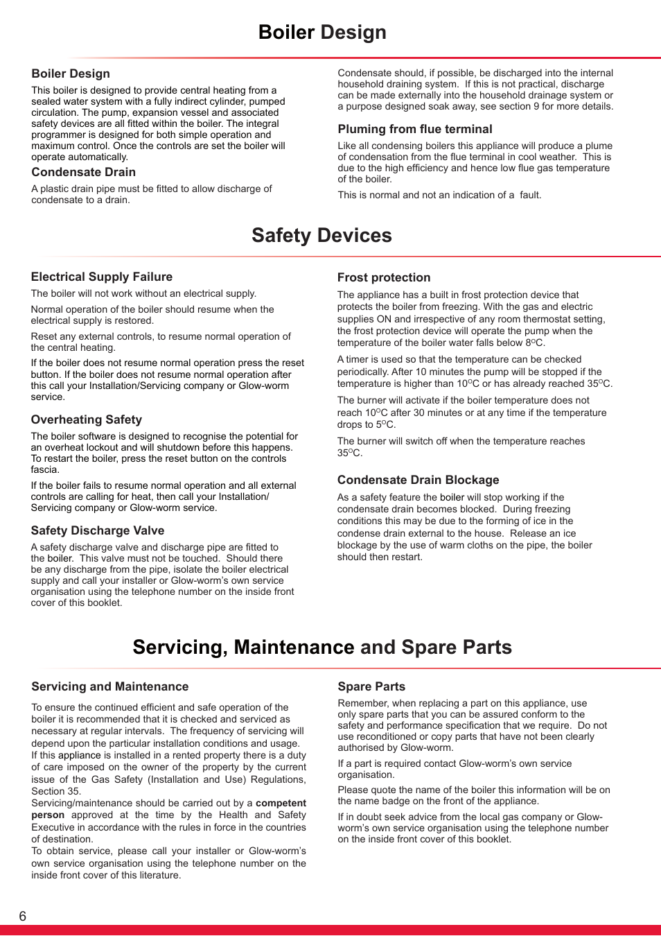 Boiler design, Safety devices, Servicing, maintenance and spare parts | Glow-worm Ultracom sxi User Manual | Page 6 / 64