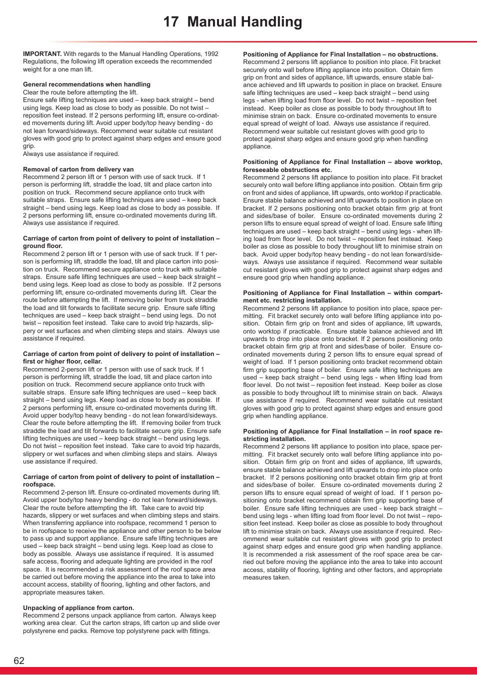 17 manual handling | Glow-worm Ultracom sxi User Manual | Page 62 / 64