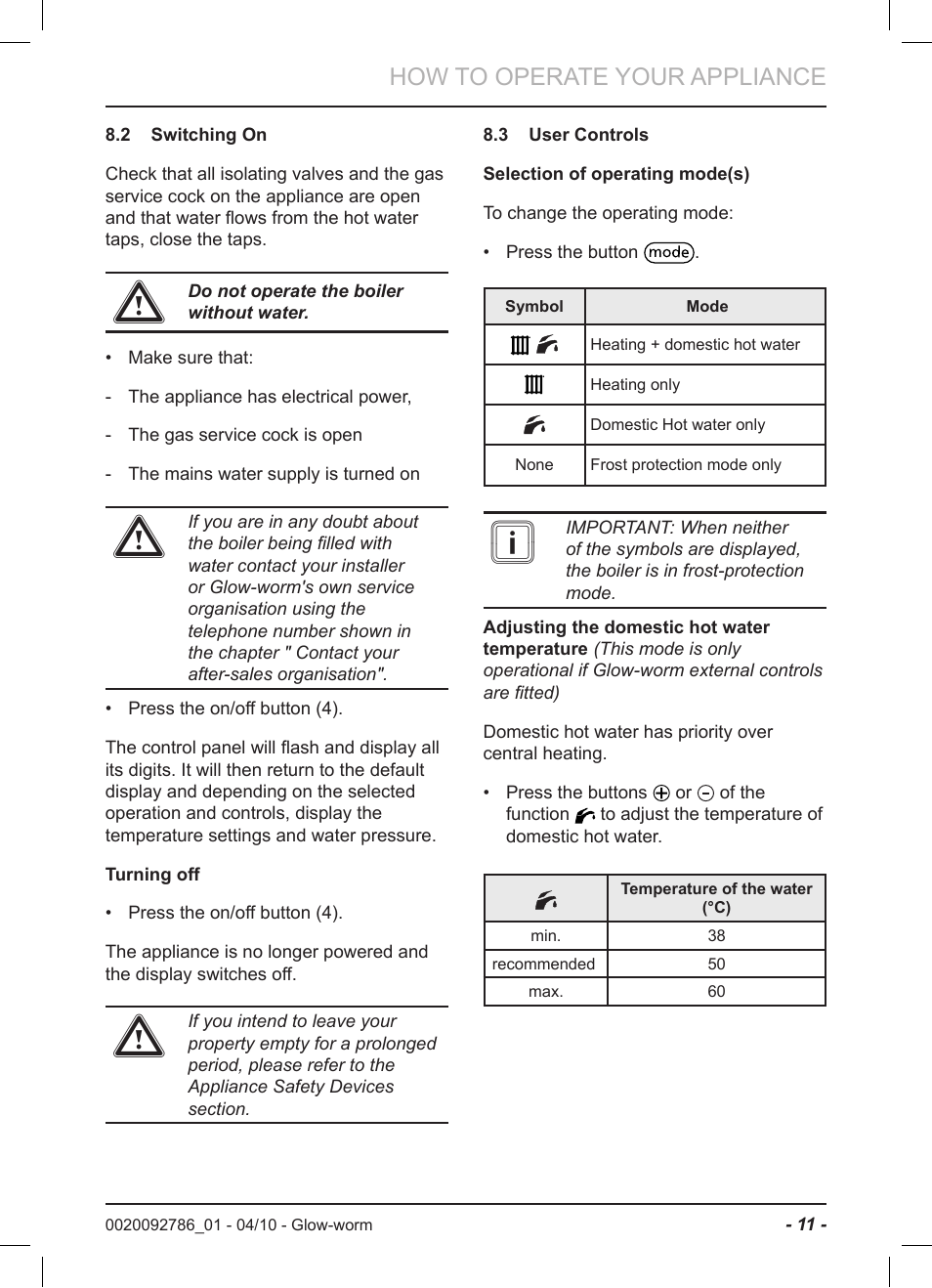How to operate your appliance | Glow-worm Ultracom2 sxi User Manual | Page 13 / 20