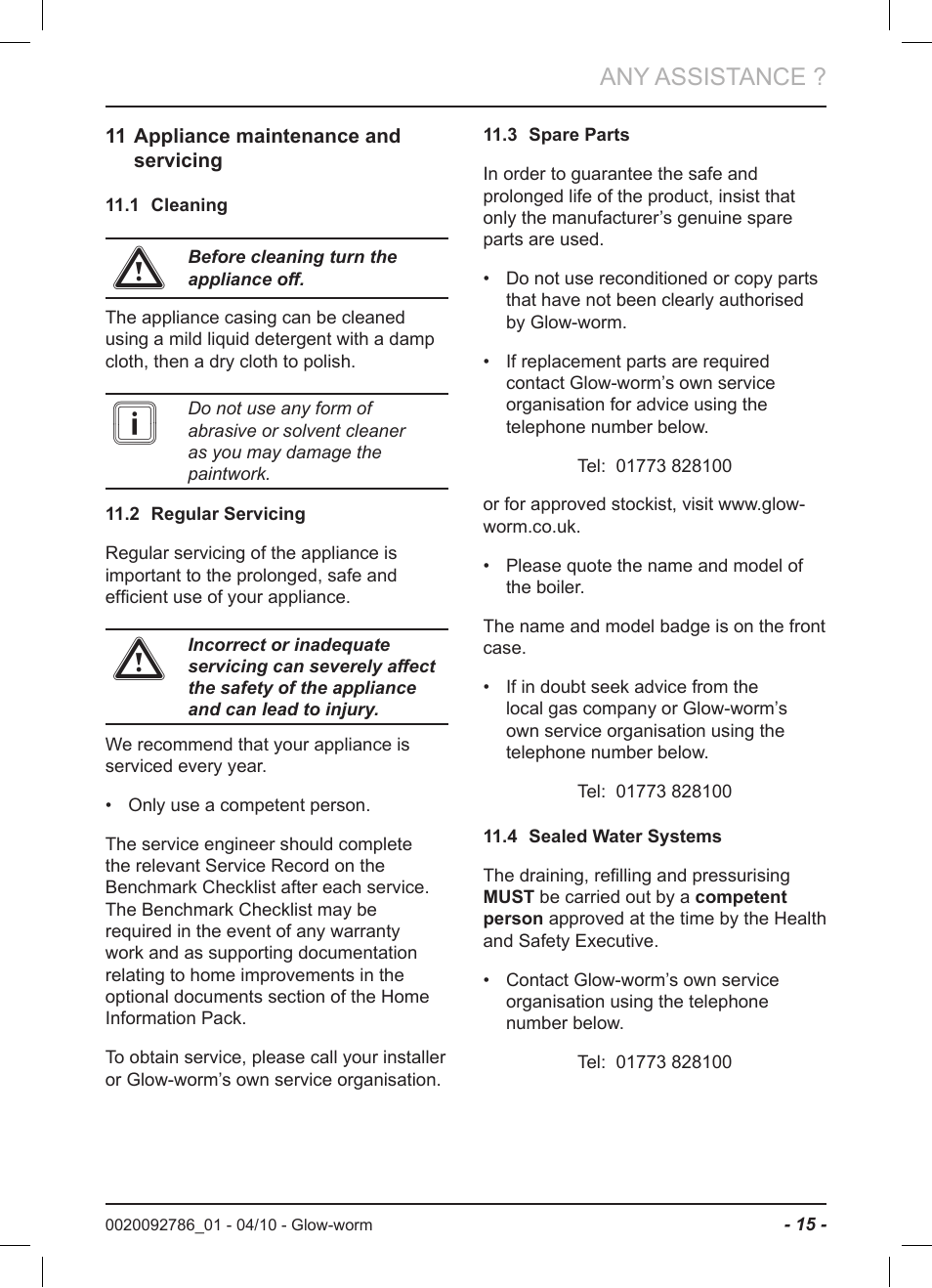 Any assistance | Glow-worm Ultracom2 sxi User Manual | Page 17 / 20