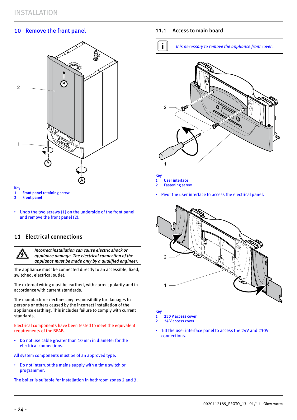 Installation, 10 remove the front panel, 11 electrical connections | Glow-worm Ultracom2 35 Store User Manual | Page 26 / 68