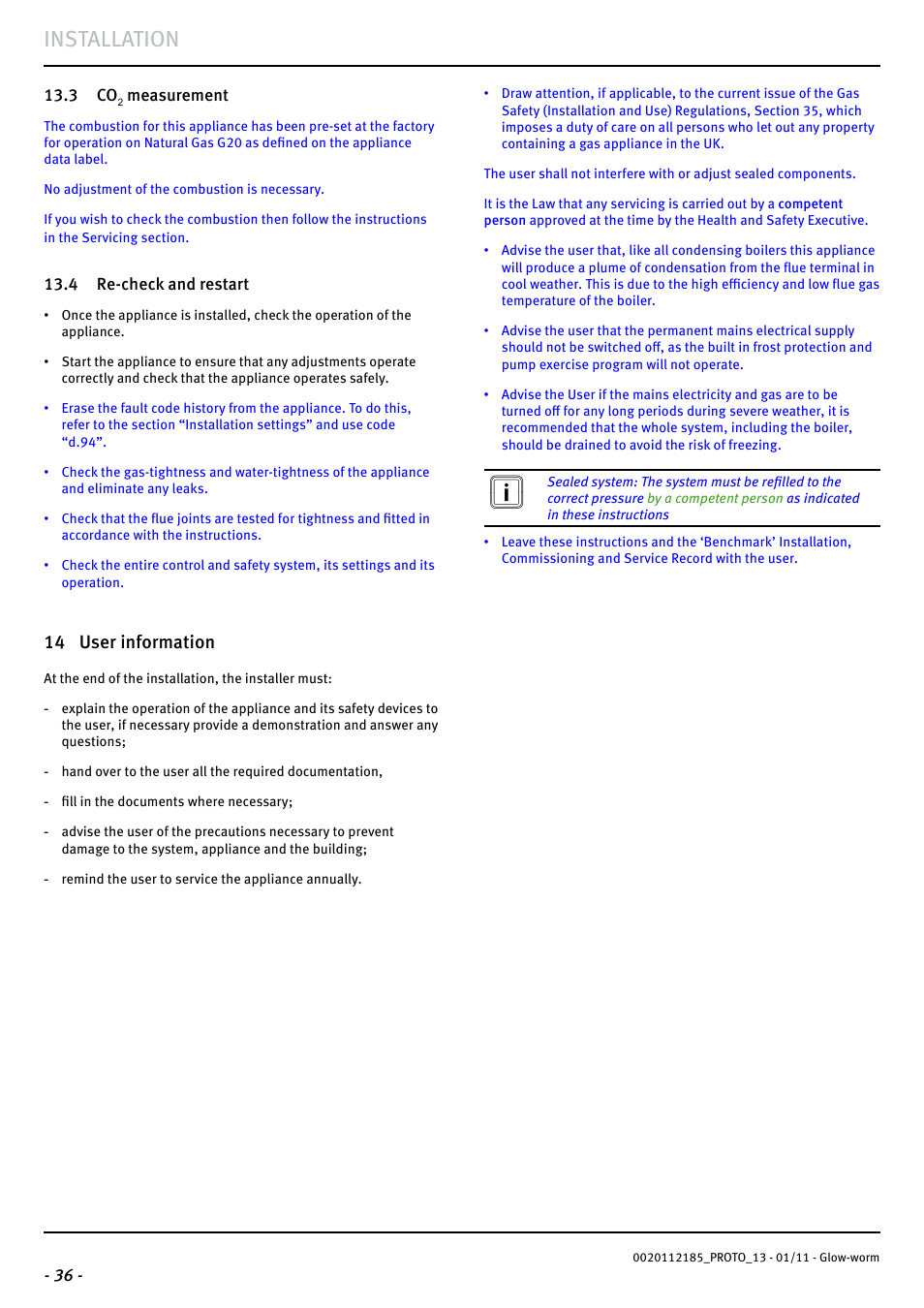 Installation, 14 user information | Glow-worm Ultracom2 35 Store User Manual | Page 38 / 68