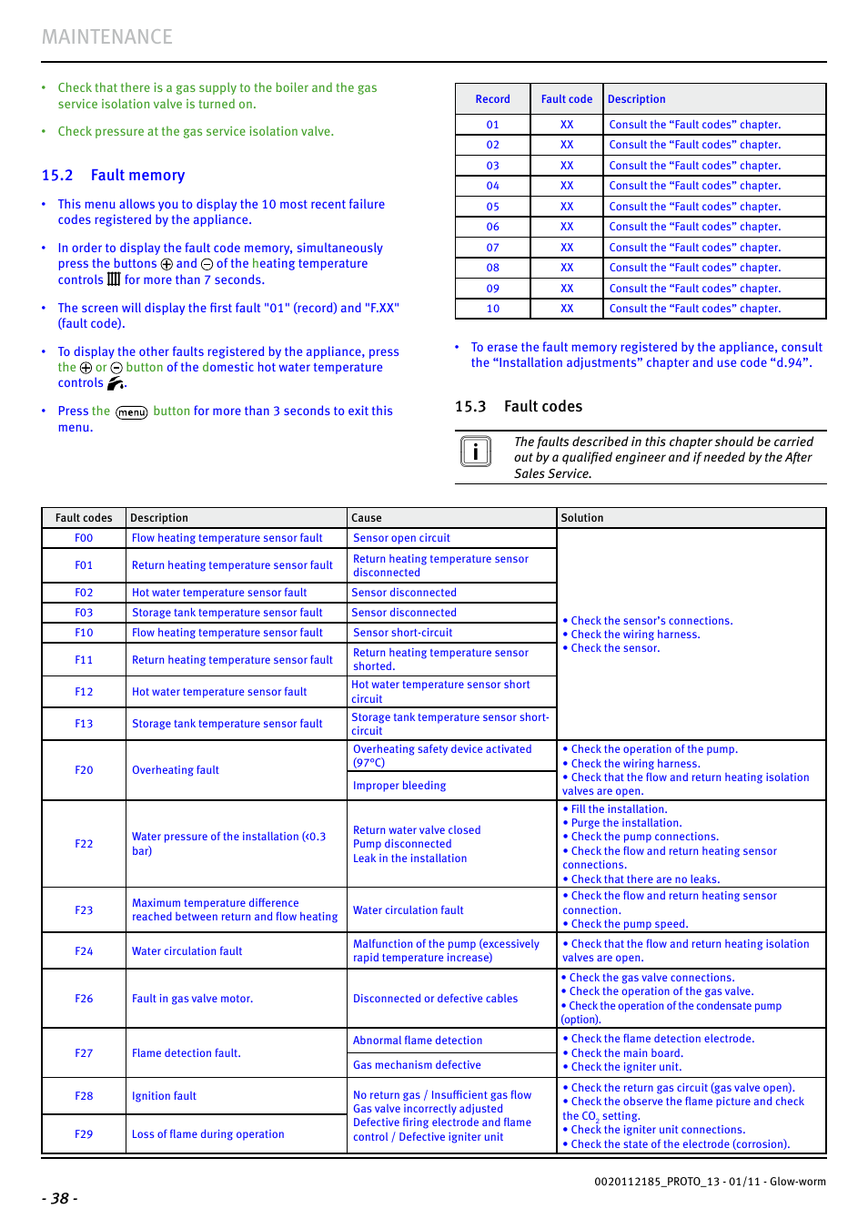 Maintenance, 3 fault codes | Glow-worm Ultracom2 35 Store User Manual | Page 40 / 68