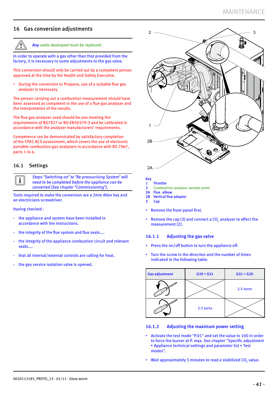 Maintenance, 16 gas conversion adjustments | Glow-worm Ultracom2 35 Store User Manual | Page 43 / 68