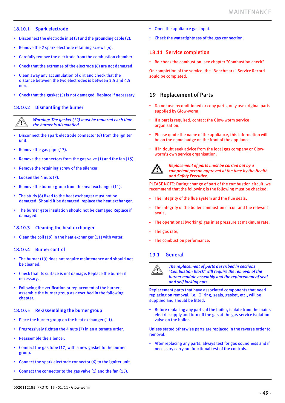 Maintenance, 19 replacement of parts | Glow-worm Ultracom2 35 Store User Manual | Page 51 / 68