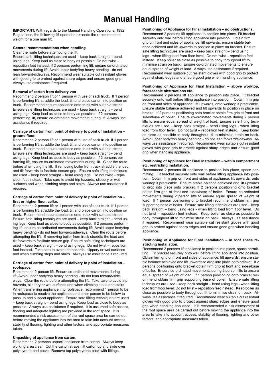 Manual handling | Glow-worm Ultracom2 35 Store User Manual | Page 63 / 68