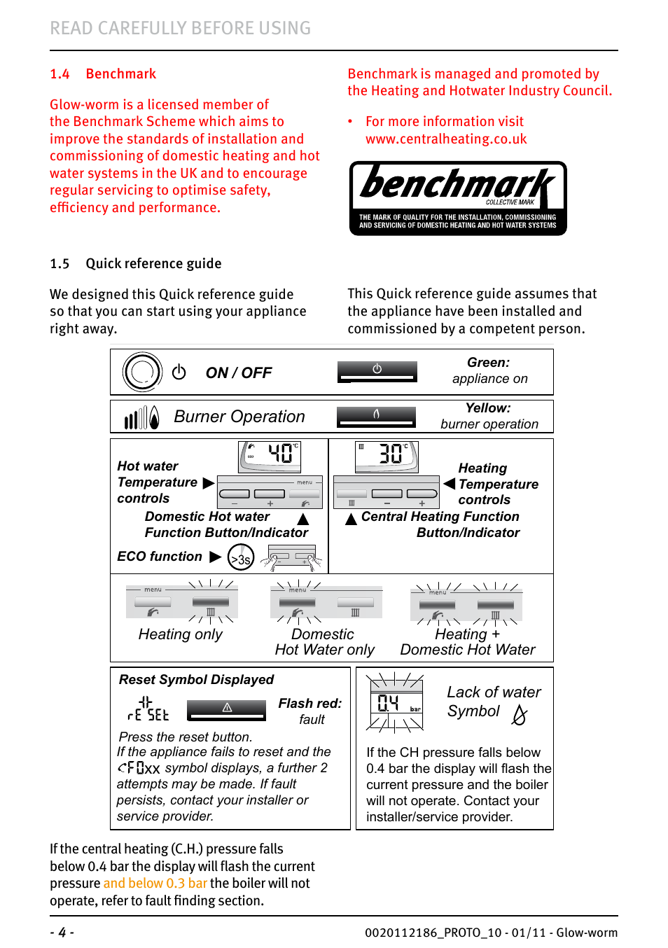 Ultracom, 35 store, Read carefully before using | Burner operation | Glow-worm Ultracom2 35 Store User Manual | Page 6 / 20