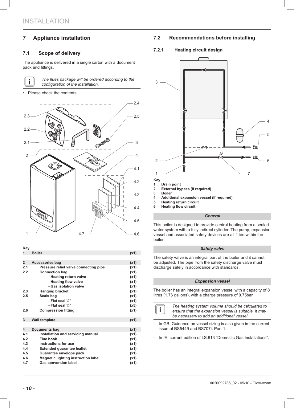 Installation, 7 appliance installation, 1 scope of delivery | 2 recommendations before installing | Glow-worm Ultracom2 sxi User Manual | Page 12 / 60