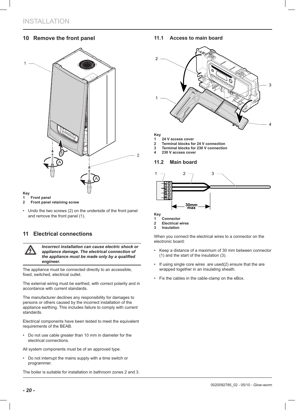 Installation, 10 remove the front panel, 11 electrical connections | Glow-worm Ultracom2 sxi User Manual | Page 22 / 60