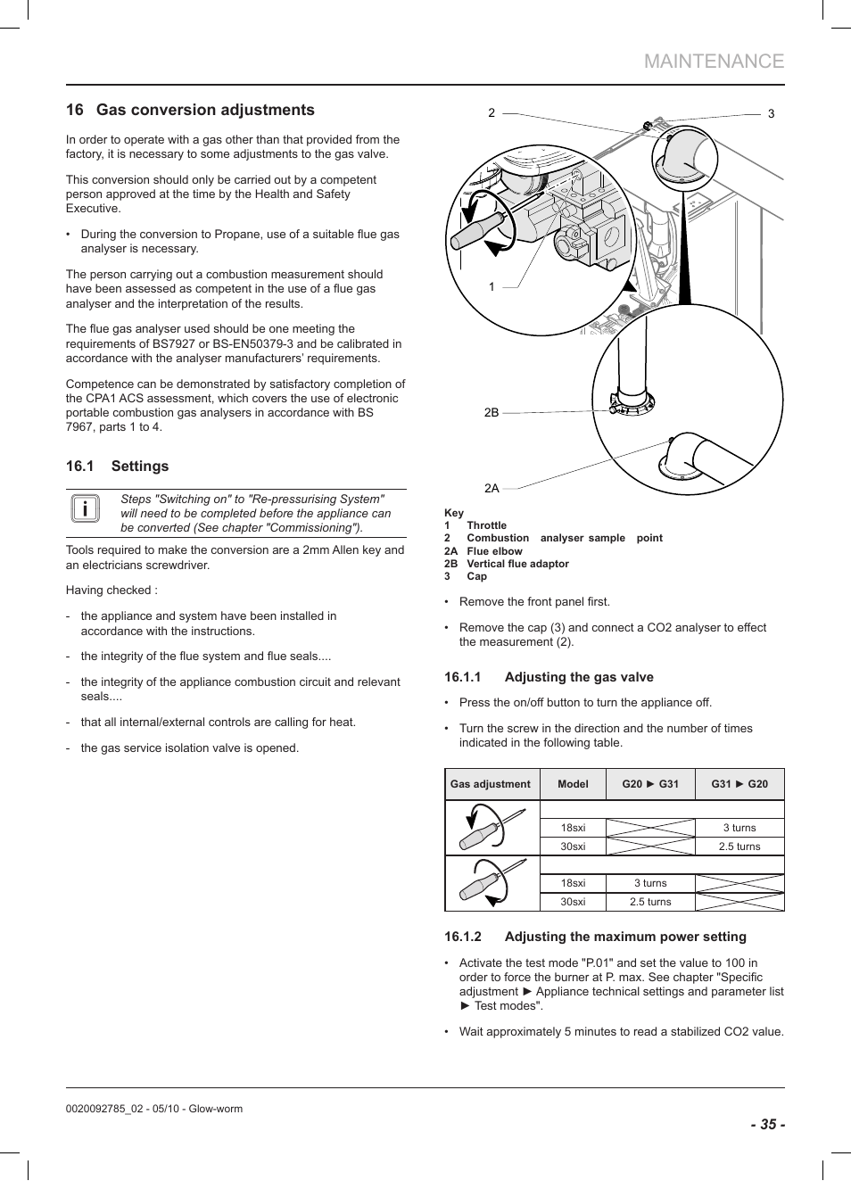 Maintenance, 16 gas conversion adjustments | Glow-worm Ultracom2 sxi User Manual | Page 37 / 60