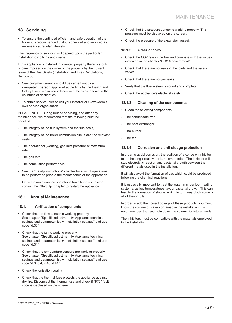 Maintenance, 18 servicing | Glow-worm Ultracom2 sxi User Manual | Page 39 / 60