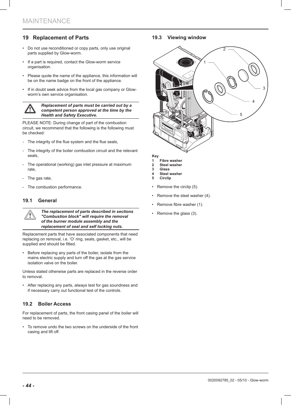 Maintenance, 19 replacement of parts | Glow-worm Ultracom2 sxi User Manual | Page 46 / 60