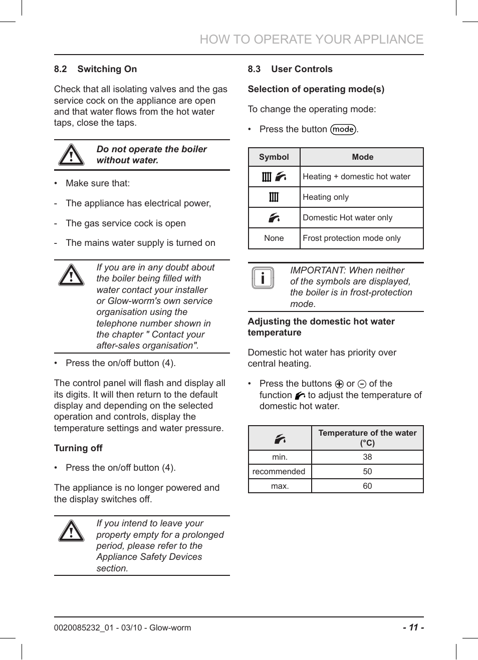 How to operate your appliance | Glow-worm Ultracom2 cxi User Manual | Page 13 / 20