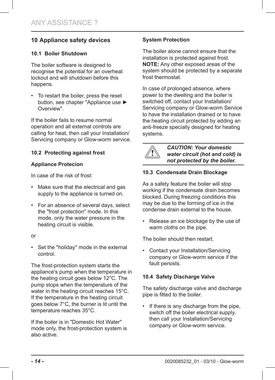 Any assistance | Glow-worm Ultracom2 cxi User Manual | Page 16 / 20
