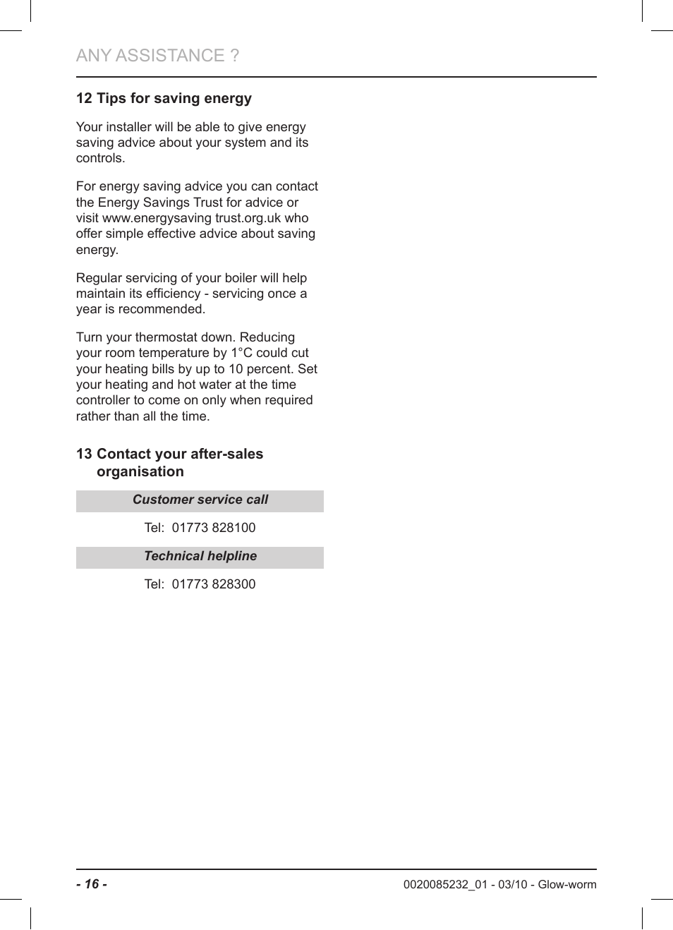 Any assistance | Glow-worm Ultracom2 cxi User Manual | Page 18 / 20