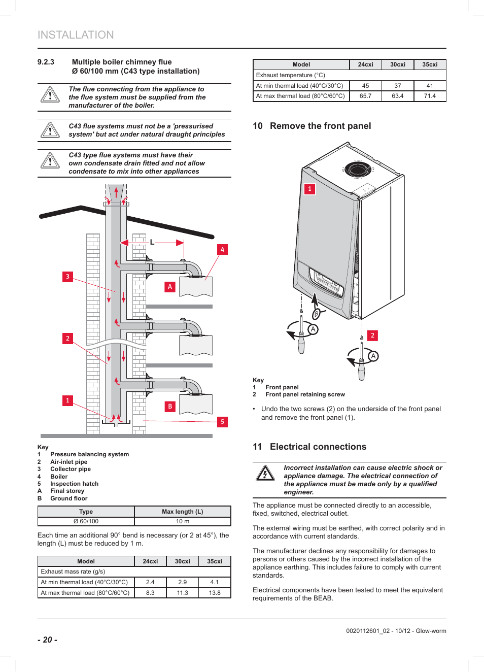 Installation, 10 remove the front panel, 11 electrical connections | Glow-worm Ultracom2 cxi User Manual | Page 22 / 68