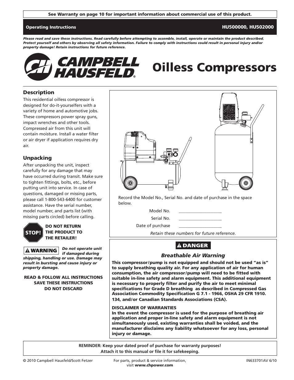 Campbell Hausfeld HU500000 User Manual | 32 pages