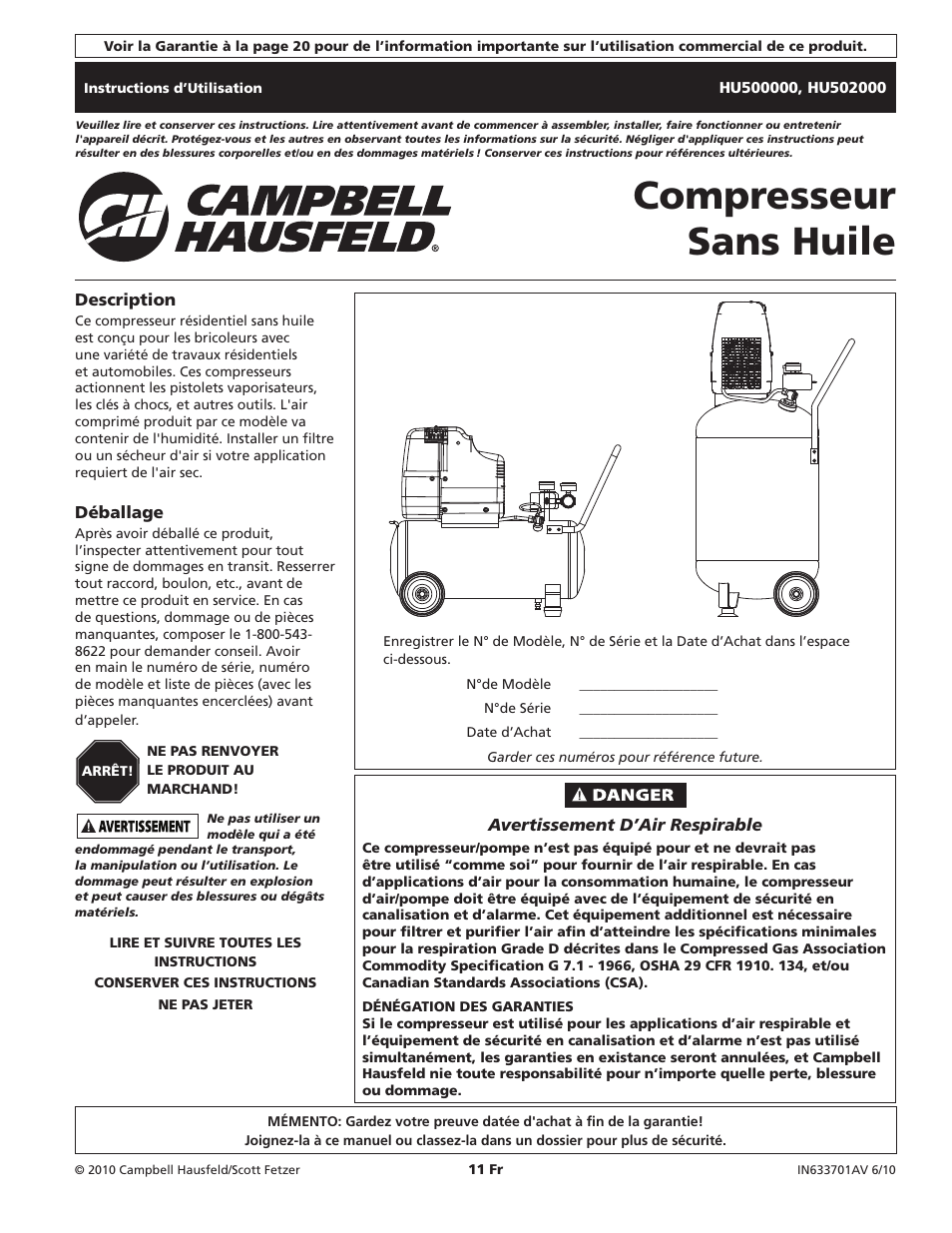 Compresseur sans huile | Campbell Hausfeld HU500000 User Manual | Page 11 / 32