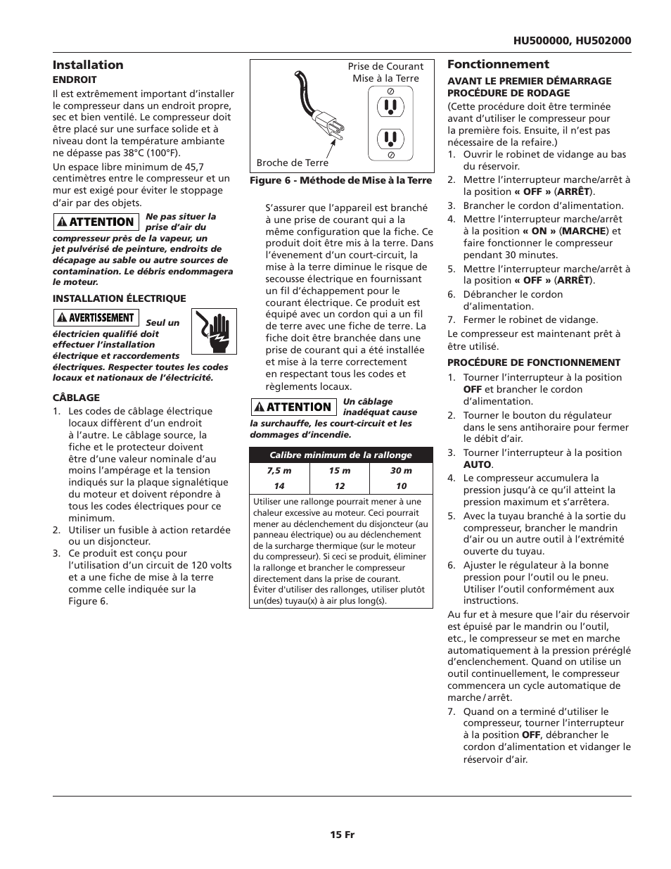 Installation, Fonctionnement | Campbell Hausfeld HU500000 User Manual | Page 15 / 32