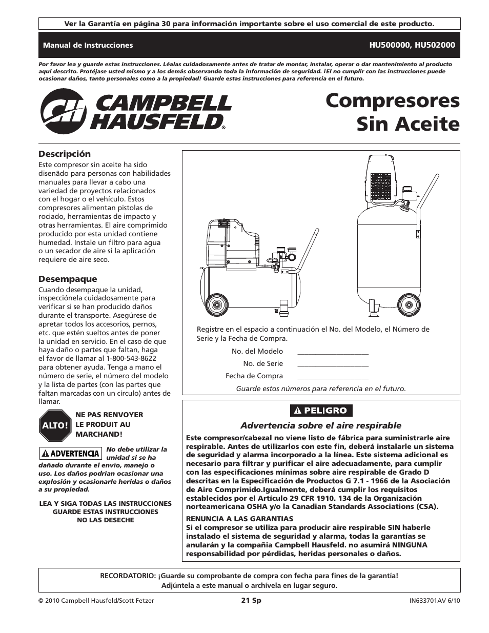 Compresores sin aceite | Campbell Hausfeld HU500000 User Manual | Page 21 / 32