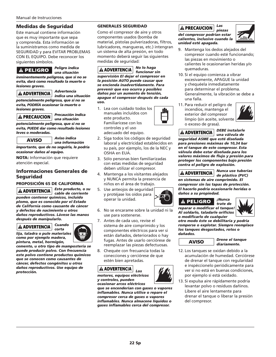 Medidas de seguridad, Informaciones generales de seguridad | Campbell Hausfeld HU500000 User Manual | Page 22 / 32