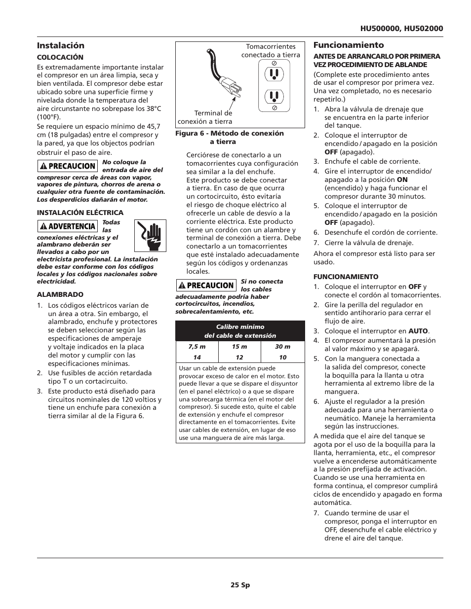 Instalación, Funcionamiento | Campbell Hausfeld HU500000 User Manual | Page 25 / 32