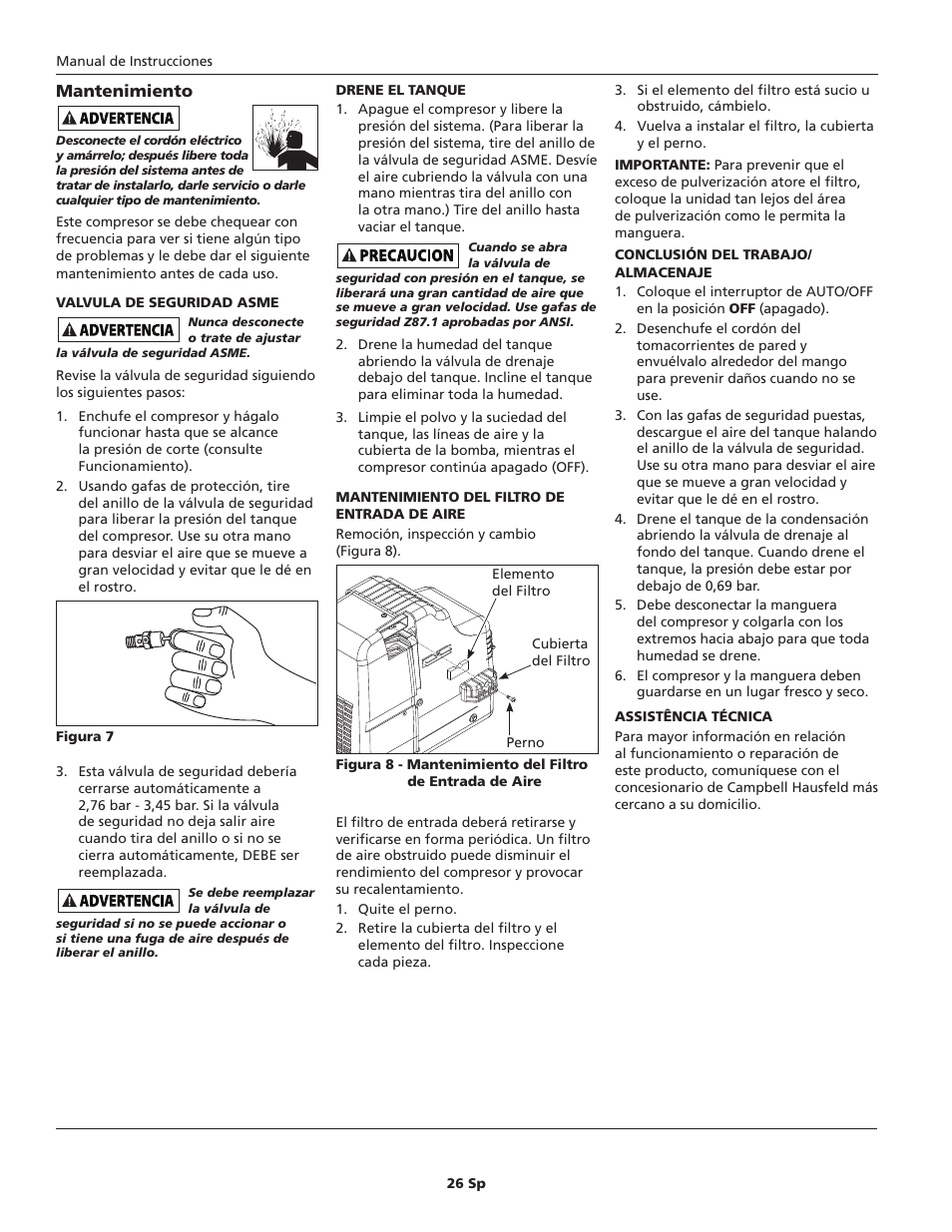 Mantenimiento | Campbell Hausfeld HU500000 User Manual | Page 26 / 32