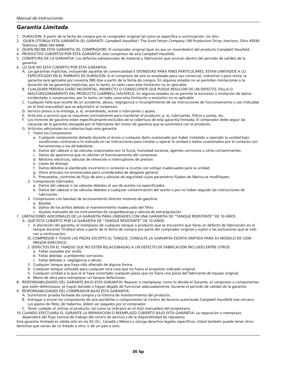 Garantía limitada | Campbell Hausfeld HU500000 User Manual | Page 30 / 32