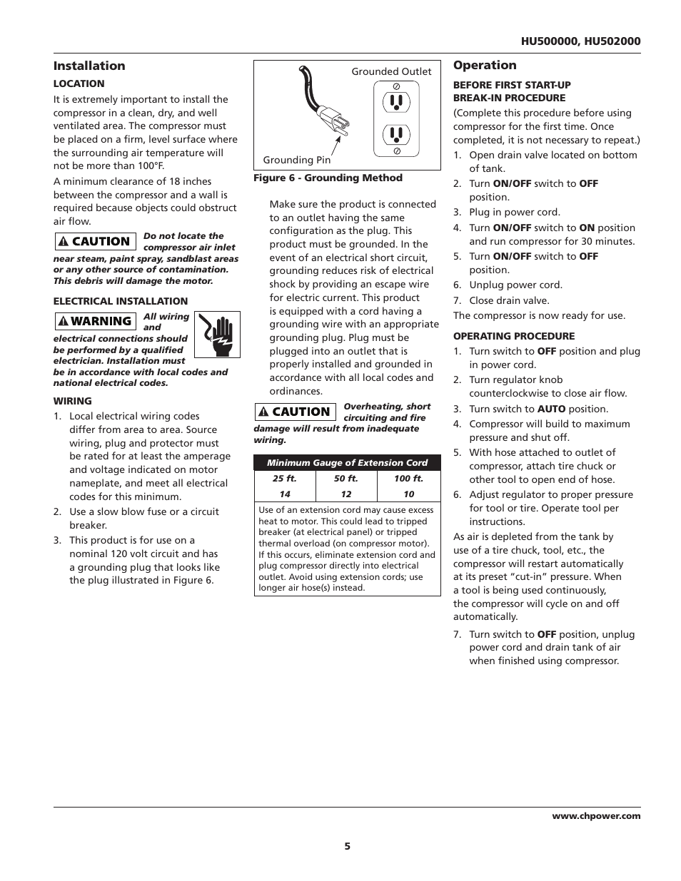 Installation, Operation | Campbell Hausfeld HU500000 User Manual | Page 5 / 32