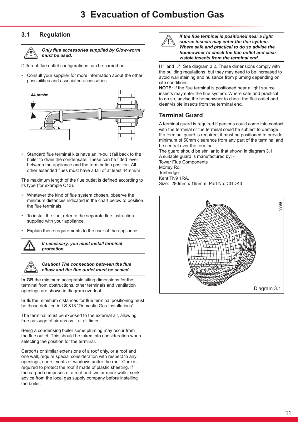 3 evacuation of combustion gas, 1 regulation, Terminal guard | Glow-worm Ultrapower sxi User Manual | Page 11 / 60