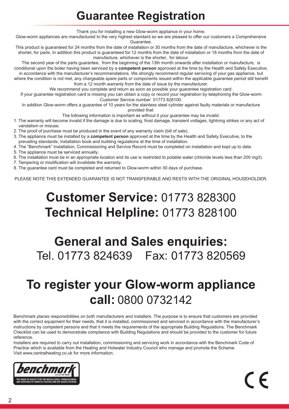 Customer service, Technical helpline, General and sales enquiries | Guarantee registration | Glow-worm Ultrapower sxi User Manual | Page 2 / 60