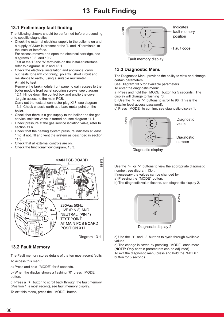 13 fault finding, 1 preliminary fault finding, 3 diagnostic menu | Glow-worm Ultrapower sxi User Manual | Page 36 / 60