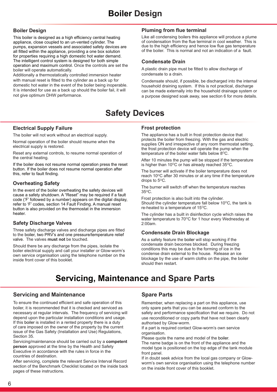 Boiler design, Safety devices, Servicing, maintenance and spare parts | Servicing and maintenance, Spare parts | Glow-worm Ultrapower sxi User Manual | Page 6 / 60