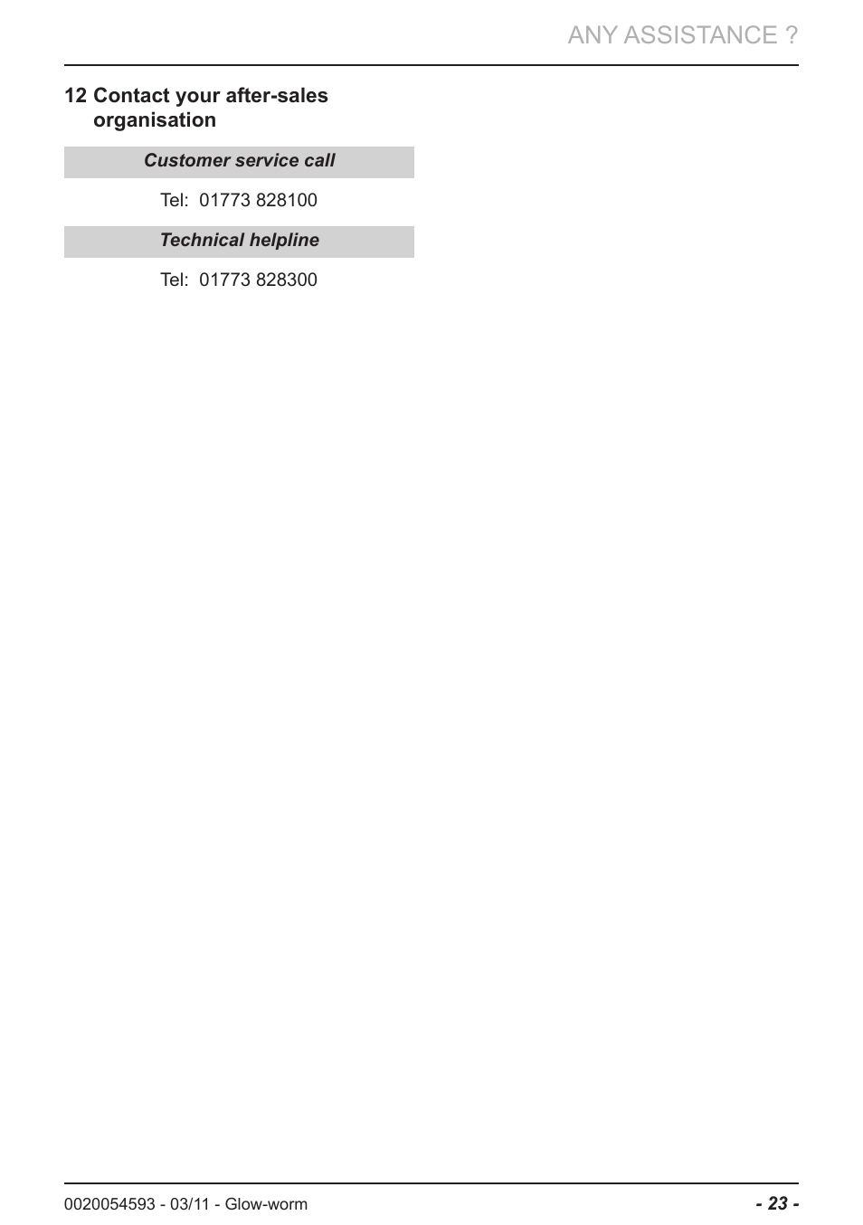 Any assistance | Glow-worm Ultrapower sxi User Manual | Page 23 / 24