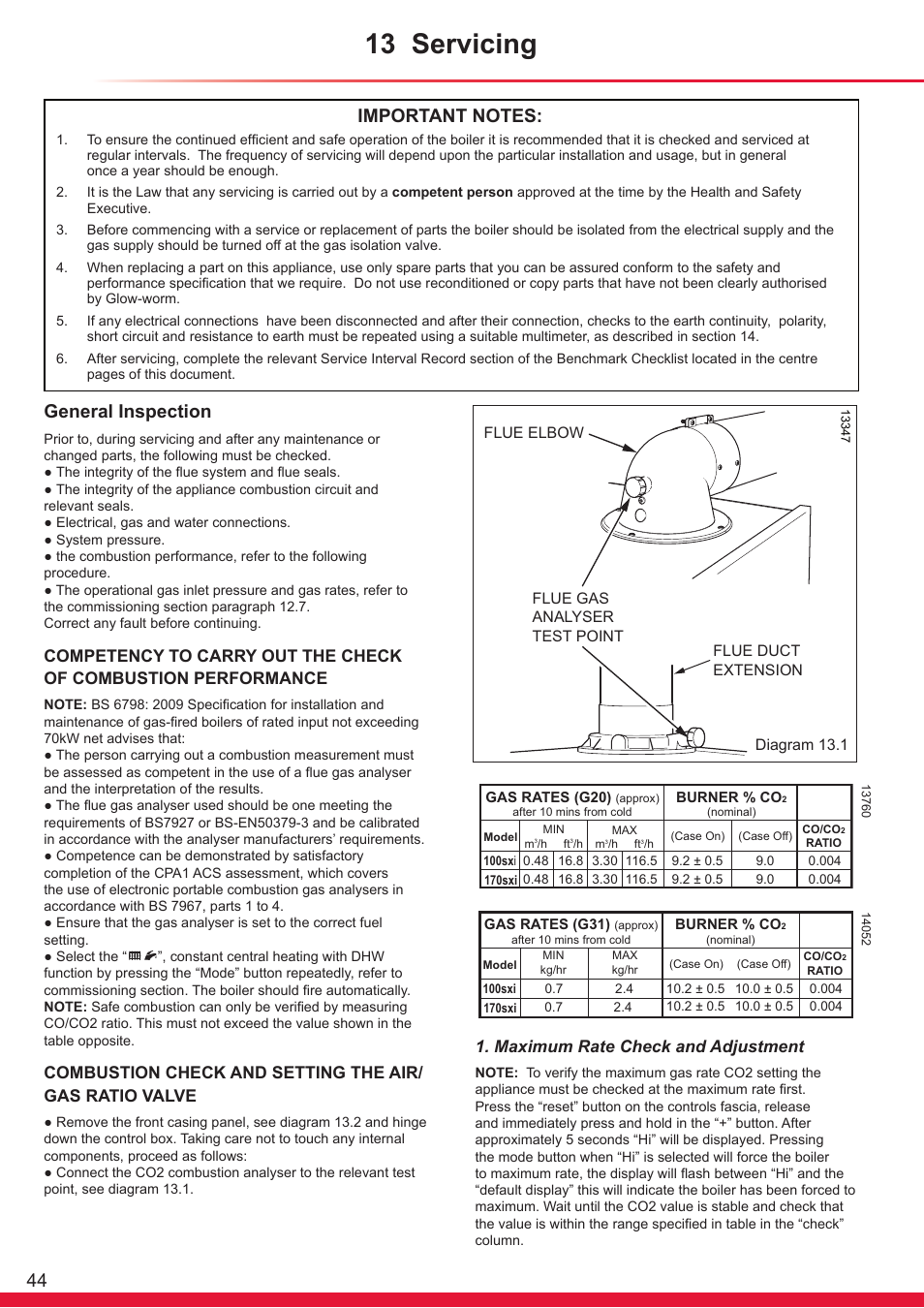 13 servicing, General inspection, Maximum rate check and adjustment | Glow-worm Ultrapower sxi Range User Manual | Page 44 / 72