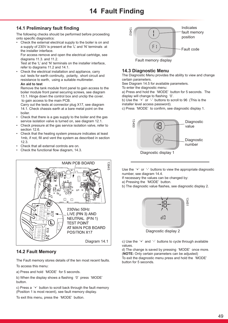 14 fault finding, 1 preliminary fault finding, 3 diagnostic menu | Glow-worm Ultrapower sxi Range User Manual | Page 49 / 72