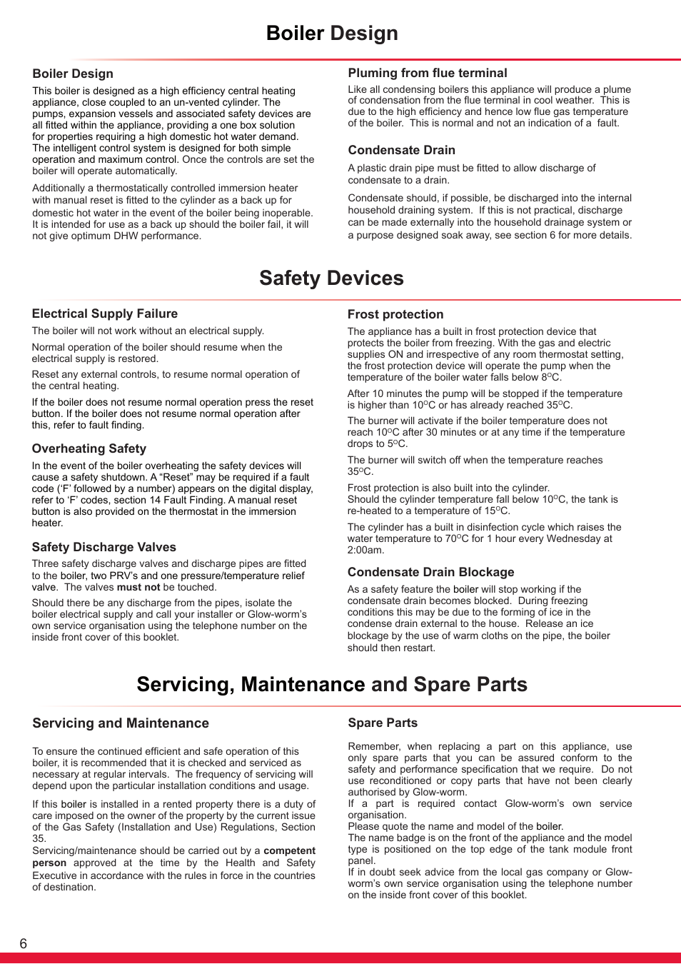 Boiler design, Safety devices, Servicing, maintenance and spare parts | Servicing and maintenance | Glow-worm Ultrapower sxi Range User Manual | Page 6 / 72