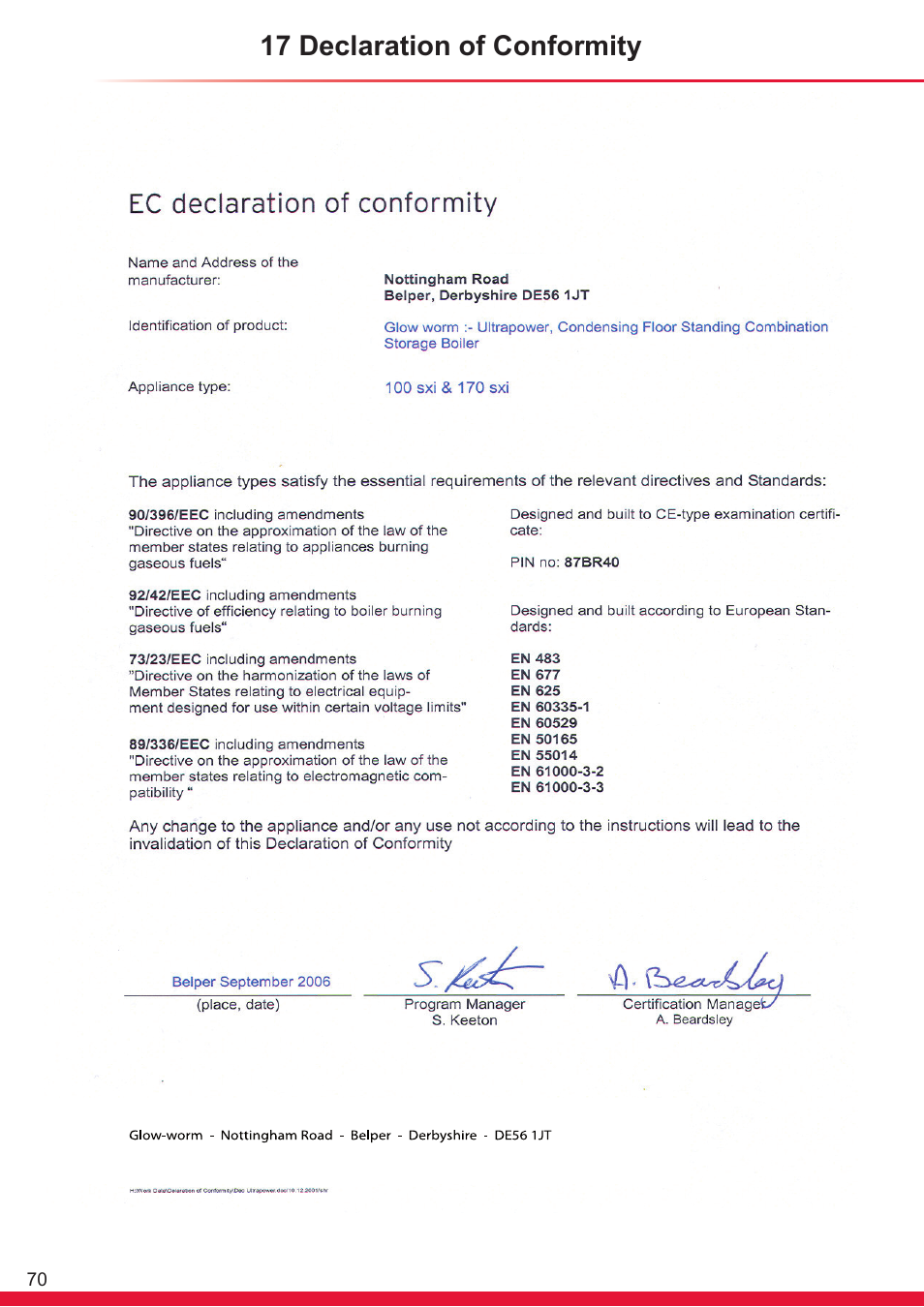 17 declaration of conformity | Glow-worm Ultrapower sxi Range User Manual | Page 70 / 72